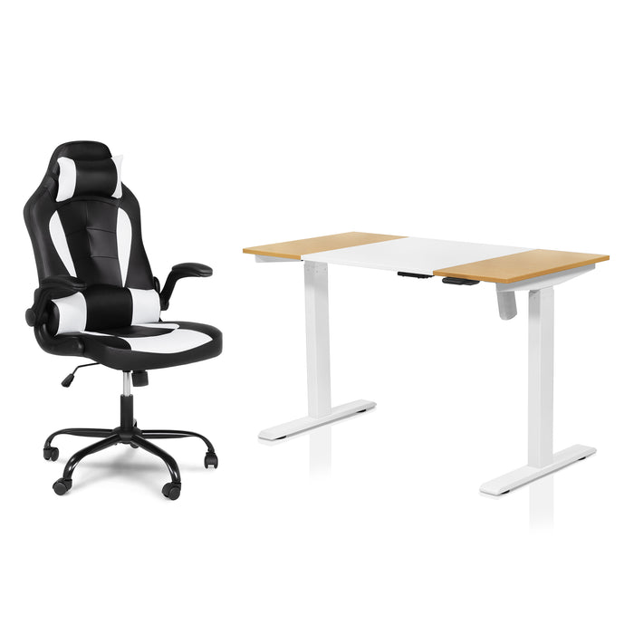 Multi-angled view of a contemporary white and natural height adjustable writing desk and black and white faux leather gaming chair set on a white background