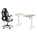 Multi-angled view of a contemporary white and natural height adjustable writing desk and black and white faux leather gaming chair set on a white background