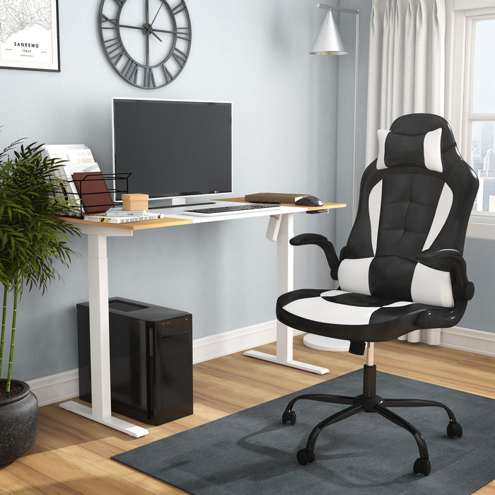 Multi-angled view of a contemporary white and natural height adjustable writing desk and black and white faux leather gaming chair set in a home office with accessories