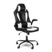 Right angled contemporary black and white faux leather gaming chair on a white background