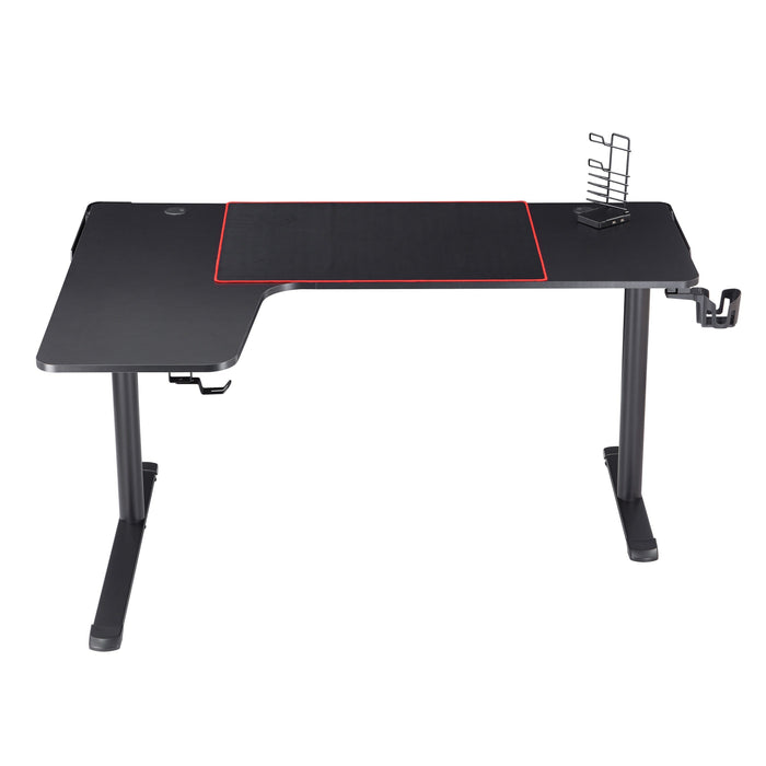 Front-facing contemporary black L-shaped gaming desk with mouse pad on a white background