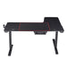 Front-facing back view contemporary black L-shaped gaming desk with mouse pad on a white background