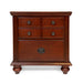 Front-facing traditional cherry nightstand against a white background. The top drawer features a four-panel knob design, while the lower drawer is accessorized with a ring pull.