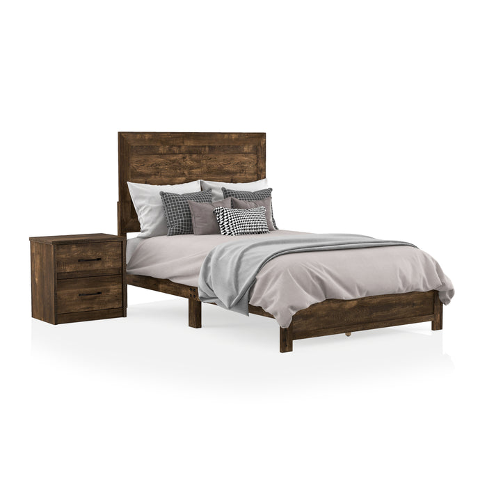Right-angled rustic walnut 2-piece bedroom set against a white background. The full size panel bed is adorned with neutral bedding while a 2-drawer nightstand sits to the left of it.