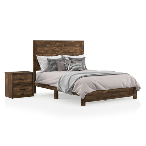 Right-angled rustic walnut 2-piece bedroom set against a white background. The queen size panel bed is adorned with neutral bedding while a 2-drawer nightstand sits to the left of it.
