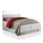 Right-angled modern glam white and chrome bed with wave headboard details and linens on a white background