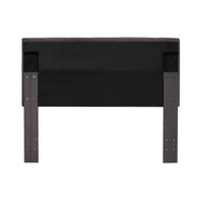 Back-facing grey fabric upholstered headboard on a white background.Back-facing grey fabric upholstered headboard on a white background.