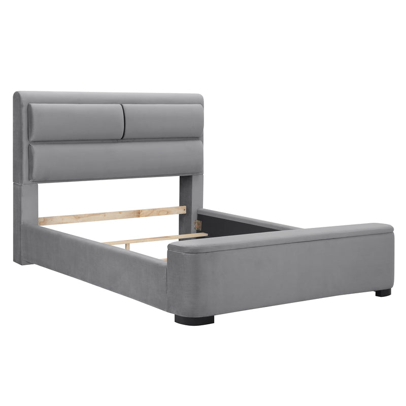 Right-angled modern glam gray upholstered bed on a white background