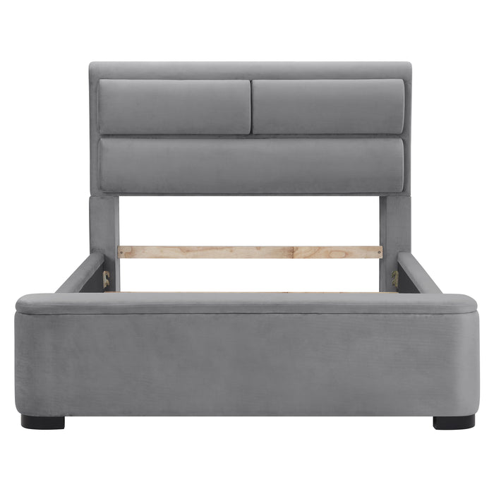 Front-facing modern glam gray upholstered bed on a white background