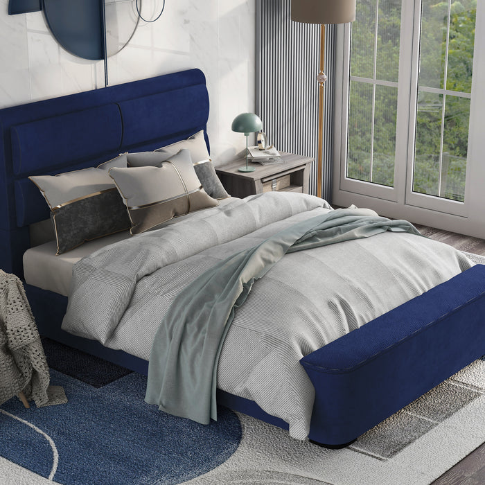 Right-angled top view of a modern glam navy blue upholstered bed in a stylish bedroom with linens and accessories