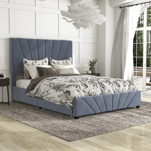 Right-angled modern glam gray upholstered storage bed with radiant channel tufting and underbed drawers in a stylish bedroom with linens and accessories