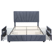 Front-facing modern glam gray upholstered storage bed with radiant channel tufting and underbed drawers pulled out on a white background