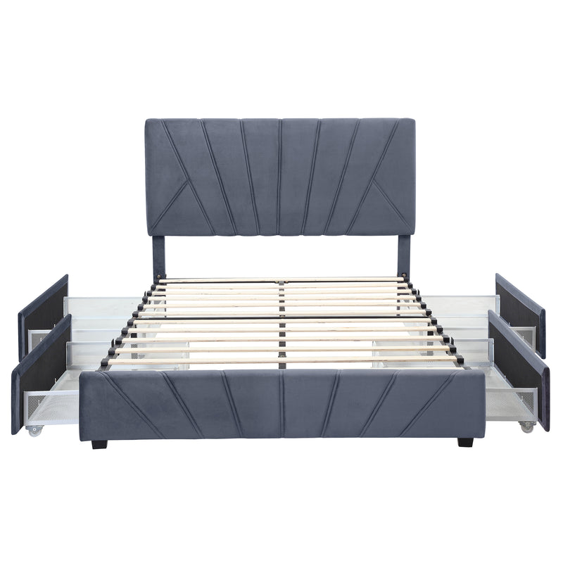 Front-facing modern glam gray upholstered storage bed with radiant channel tufting and underbed drawers pulled out on a white background