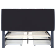 Front-facing back view of a modern glam gray upholstered storage bed with radiant channel tufting and underbed drawers on a white background