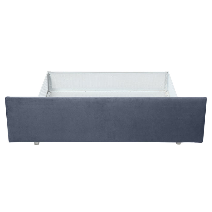 Front-facing view of the underbed drawer of a modern glam gray upholstered storage bed on a white background