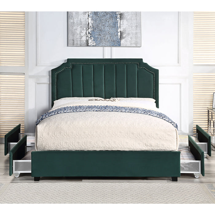 Front-facing modern glam dark green upholstered storage bed with nailhead trim and underbed drawers pulled out in a stylish bedroom with linens and accessories