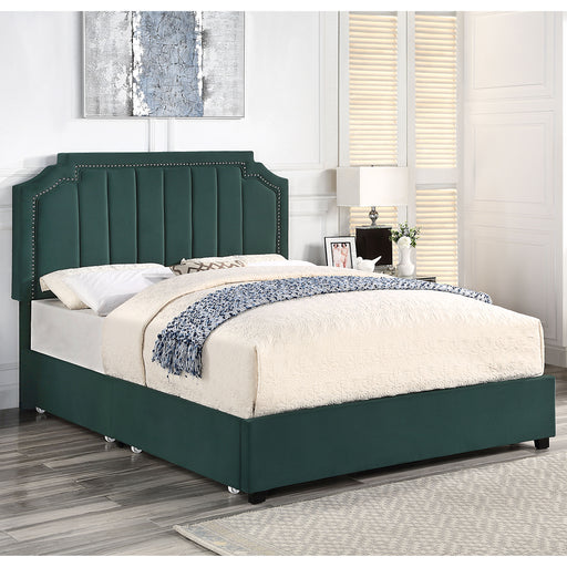 Right-angled modern glam dark green upholstered storage bed with nailhead trim and underbed drawers in a stylish bedroom with linens and accessories