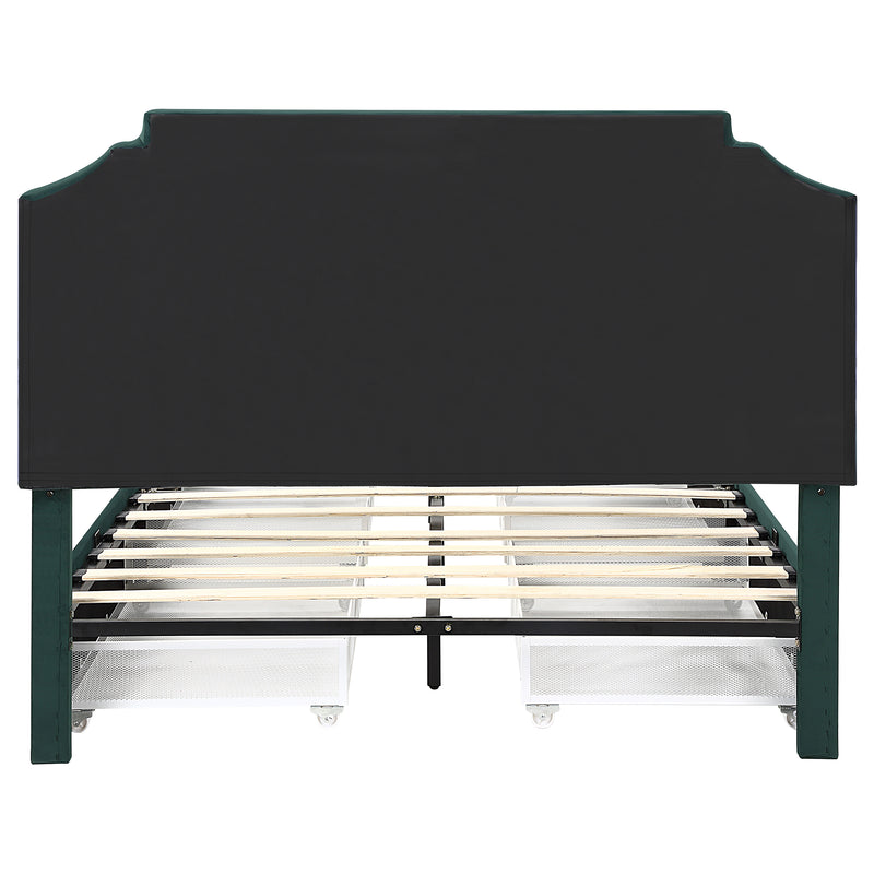 Front-facing back view of a modern glam dark green upholstered storage bed with nailhead trim and underbed storage drawers on a white background