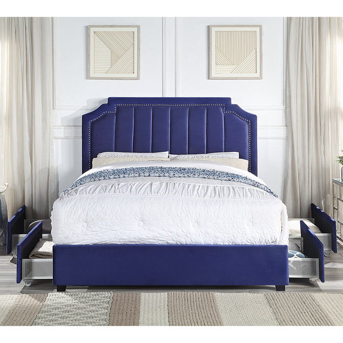 Front-facing modern glam navy blue upholstered storage bed with nailhead trim and underbed drawers extended in a stylish bedroom with linens and accessories
