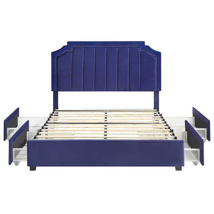 Front-facing modern glam navy blue upholstered storage bed with nailhead trim and underbed drawers extended on a white background