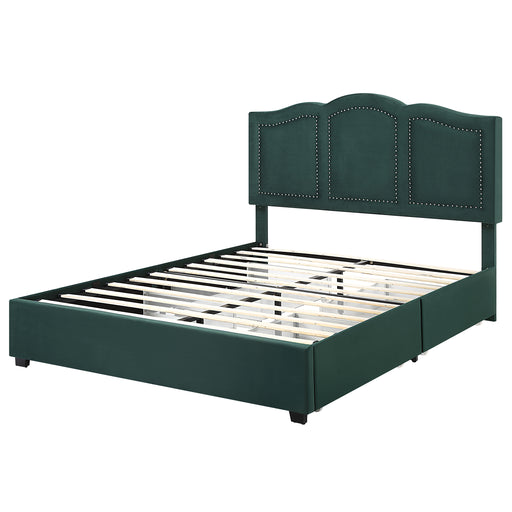 Left-angled modern glam dark green upholstered storage bed with panel-style nailhead trim and underbed drawers on a white background