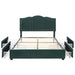 Front-facing modern glam dark green upholstered storage bed with panel-style nailhead trim and underbed drawers extended on a white background