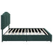 Front-facing side view of a modern glam dark green upholstered storage bed with panel-style nailhead trim and underbed drawers on a white background