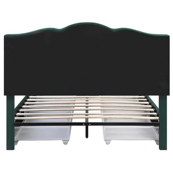 Front-facing back view of a modern glam dark green upholstered storage bed with panel-style nailhead trim and underbed drawers on a white background