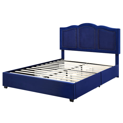 Left-angled modern glam navy blue upholstered storage bed with panel-style nailhead trim and underbed drawers on a white background