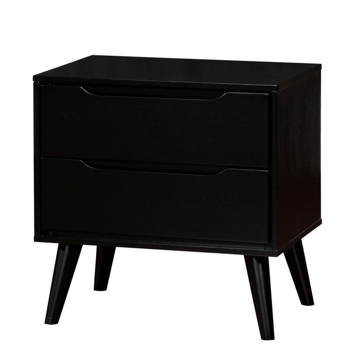 Left-angled black mid-century modern style nightstand against a white background. Two drawers with grooved handles sit on tapered and splayed feet.