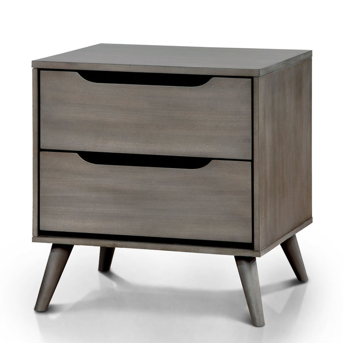 Left-angled grey mid-century modern style nightstand against a white background. Two drawers with grooved handles sit on tapered and splayed feet.