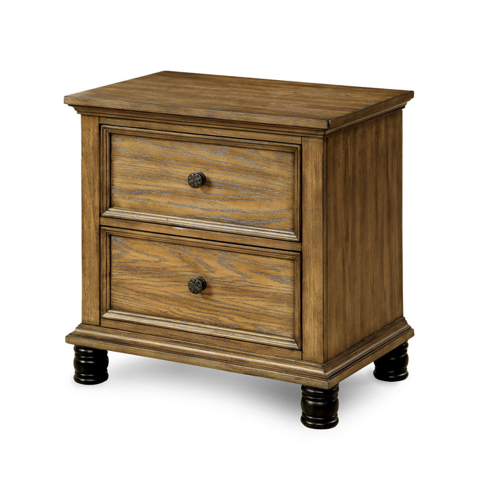 Left-angled oak 2-drawer nightstand against a white background. The traditional style design is embellished with knob pulls and black cylindrical feet.