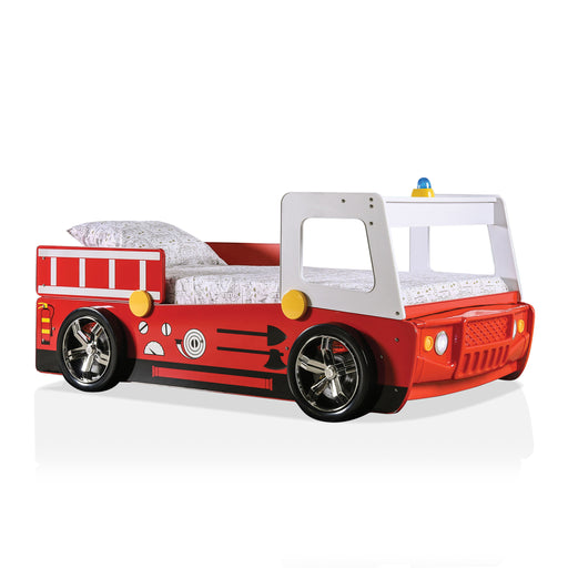 Right-facing red and white firetruck shape youth bed on white background. Fire engine painted details, chrome wheels and built-in raised sides for safety. 