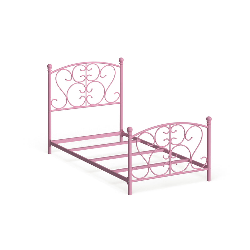 Right angled novelty pink scroll twin bed on a white background