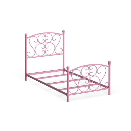 Right angled novelty pink scroll twin bed on a white background