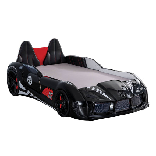 Right angled modern black novelty race car bed on a white background