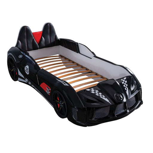 Right angled modern black novelty race car bed with slat kit showing on a white background