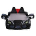 Front-facing modern black novelty race car bed with doors open on a white background