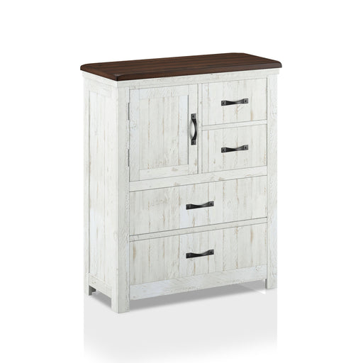 Right-angled white wood grain accent cabinet with one door and four drawers and a contrasting dark wood top on a white background