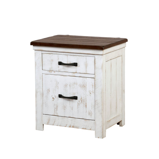 Left-angled white wood grain nightstand with two drawers and a contrasting dark wood top on a white background