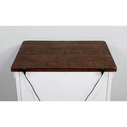 Front-facing back view white wood grain nightstand with a contrasting dark wood top and wire details