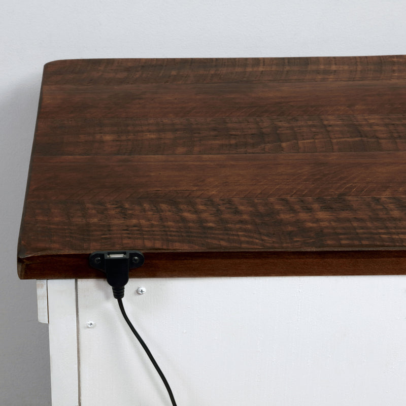 Front-facing back view close up white wood grain nightstand with a contrasting dark wood top and wire details