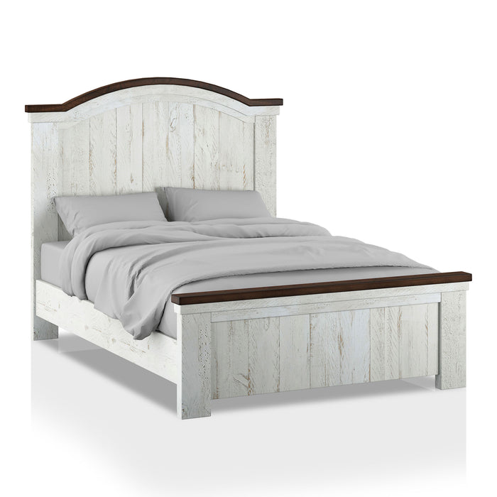 Right-angled modern farmhouse white wood grain bed with an arched headboard and contrasting dark wood accents on white background