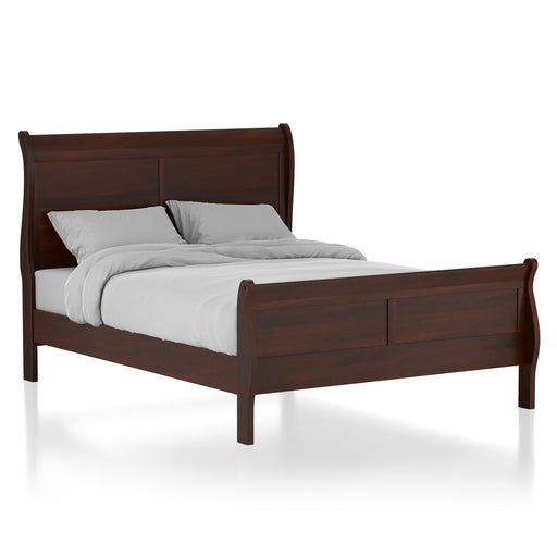 Right-angled transitional cherry finish wooden sleigh bed with linens on a white background