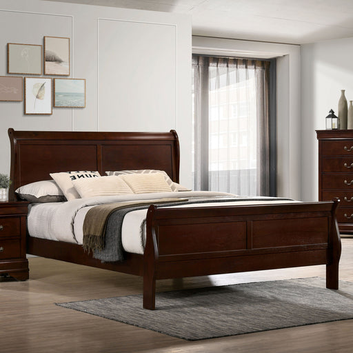 Right-angled transitional cherry finish wooden sleigh bed in a stylish bedroom with linens and accessories
