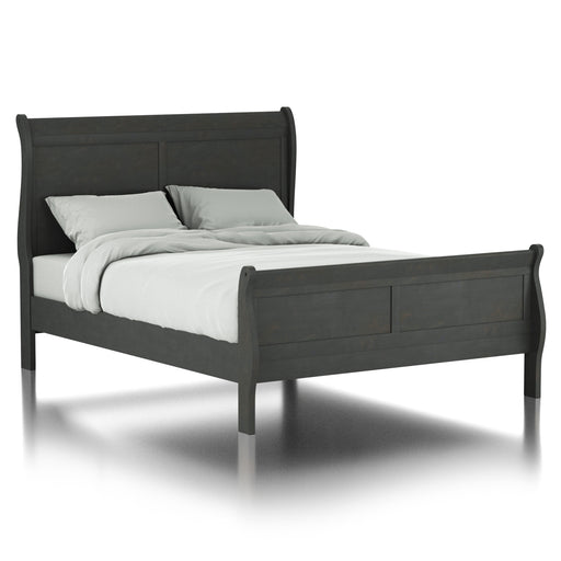 Right-angled transitional gray finish wooden sleigh bed with linens on a white background