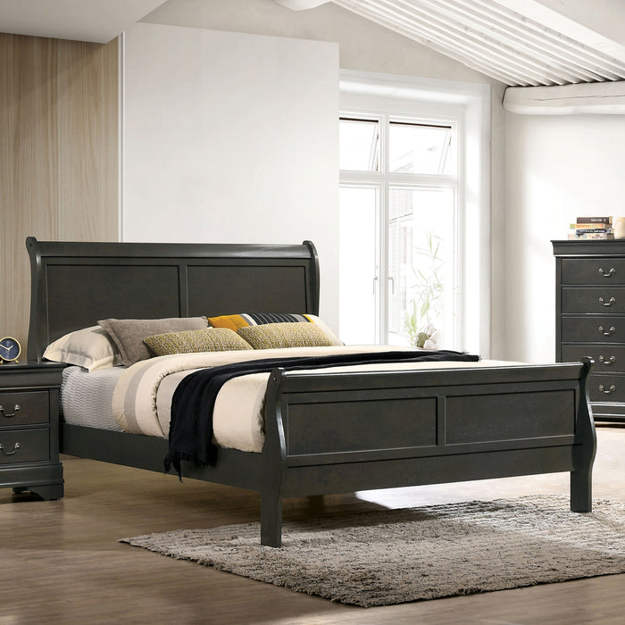 Right-angled transitional gray finish wooden sleigh bed in a stylish bedroom with linens and accessories