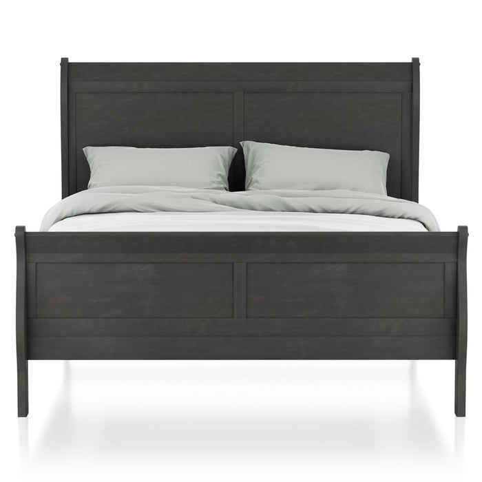 Front-facing transitional gray finish wooden sleigh bed with linens on a white background