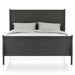 Front-facing transitional gray finish wooden sleigh bed with linens on a white background