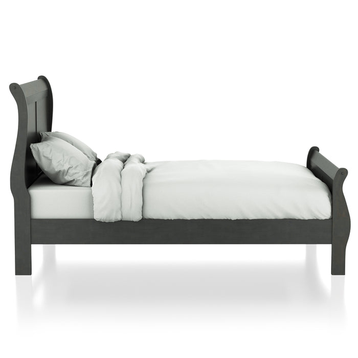 Front-facing side view of a transitional gray finish wooden sleigh bed with linens on a white background